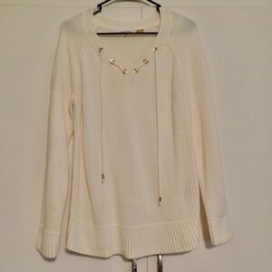 Calvin Klein White V-Neck Sweater with Eyelet Lace-Up Design